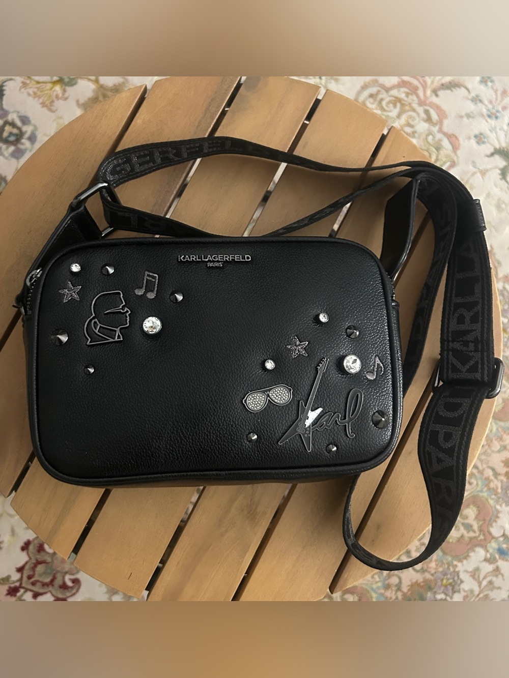 Karl Lagerfeld Black Leather Patch Crossbody with Silver Accents
